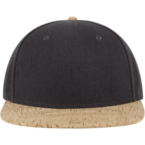 A black snapback cap with a cork peak and a subtle logo on the front.