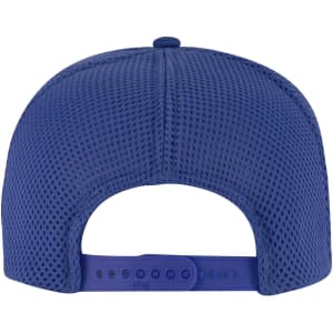A blue 5 Panel High Crown Air Mesh Back Trucker Hat featuring a mesh design and an adjustable strap at the back.