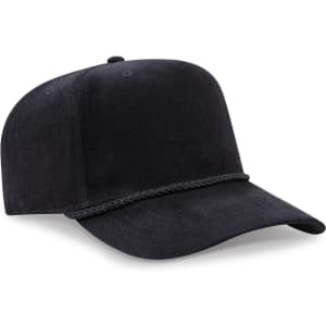 A black 5 panel mid profile baseball cap with a textured fabric and a decorative braided band.