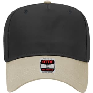 A black 5 panel mid crown baseball cap with a beige peak and a branding tag on the front.