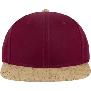 A maroon cap with a cork-brimmed peak and a top button. Features a branding logo on the front.