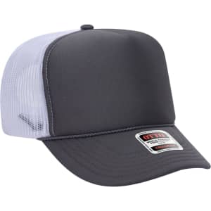 A grey 5 panel high crown trucker cap with a mesh back and branded label on the front.