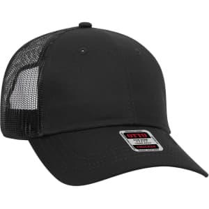 A black low profile trucker cap with a mesh back and a logo patch on the front.