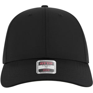 A black 6 panel low profile style baseball cap with a flexible fit and an attached label.