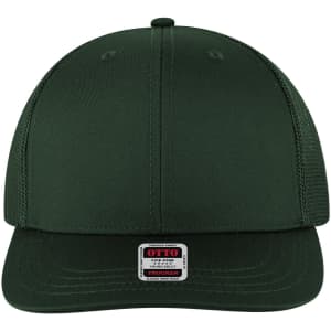A green 6 panel mid profile trucker cap with a logo on the front.