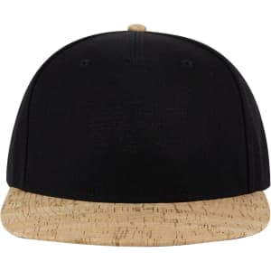 A black snapback cap with a cork visor, featuring a logo on the front.