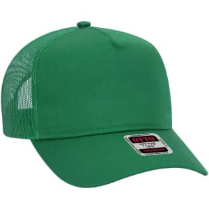 A green 5 panel mid-profile trucker cap with a mesh back and a branding label.