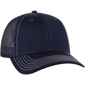 A navy blue 6 panel low profile trucker cap with a mesh back and contrasting stitching. It features a logo.