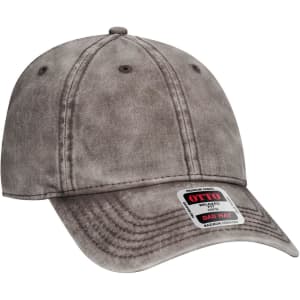 A grey 6-panel low profile dad cap with a curved brim and an adjustable back strap. Features a logo.