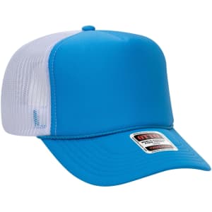 A blue high crown trucker cap with a white mesh back and a brand label.
