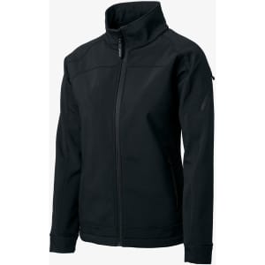 A black soft shell jacket featuring a high collar and a zip front. It has a logo on one sleeve.
