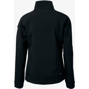 A black soft shell jacket featuring a high collar and a logo on the back.