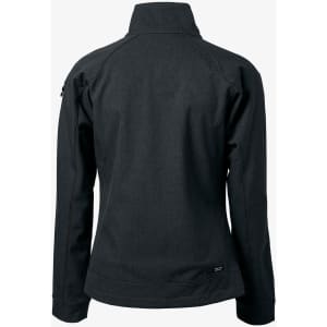 A black soft shell jacket featuring a high collar and a logo on the back. The design is tailored for women.