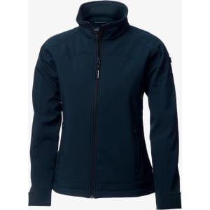 A navy soft shell jacket for women featuring a full zip and a high collar, with side pockets and a logo.