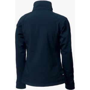 A navy blue soft shell jacket designed for women, featuring a high collar and a fitted silhouette.
