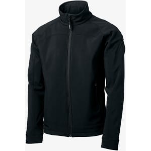 A black soft shell jacket with a high collar and a full zip, featuring a logo on the sleeve.