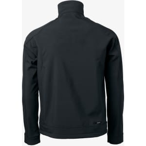 A black soft shell jacket featuring a high collar and a back view, with a logo on the lower hem.