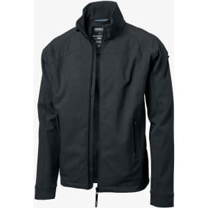 A black soft shell jacket with a high collar and zippered front, featuring pockets and a logo.