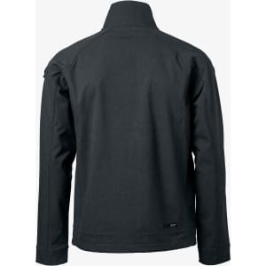 A black soft shell jacket with a high collar and long sleeves, featuring a small logo on the back.