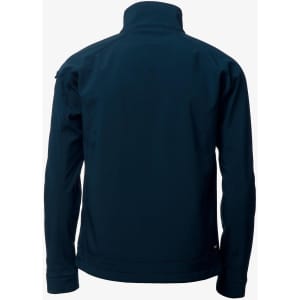 A soft shell jacket in navy blue with a high collar and a sleek, minimalist design. It features a logo.