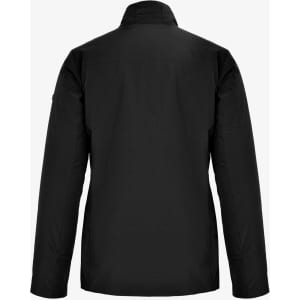 A black women's jacket with a simple design, featuring a collar and long sleeves, also has a logo on the back.