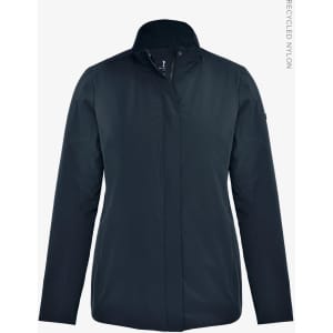A navy jacket made from recycled nylon, featuring a high collar and a sleek design. It includes branding details.
