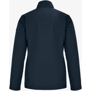 A women's jacket in navy blue, featuring a simple back design and a collar. Contains branding details.