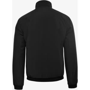 A black men’s jacket with a classic design, featuring a collar and elasticised cuffs. Includes a logo on the back.