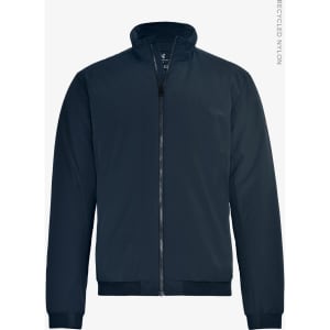 A navy blue men's jacket with a zip front and a high collar, featuring a logo on the side.