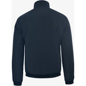A navy men's jacket with a high collar and ribbed cuffs, featuring a branding logo on the back.