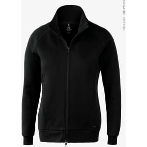 A black jacket with a zip front, featuring a collar and raglan sleeves, and includes a branding logo.