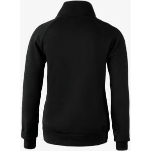A black jacket with a high collar and raglan sleeves, featuring a subtle logo on the back.