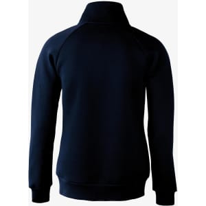 A navy jacket with a high collar and long sleeves, featuring a logo on the back.