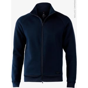 A navy blue zip-up jacket with a high collar and a logo on the chest.