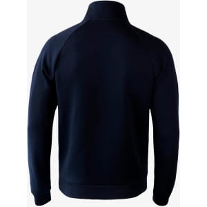 A navy blue jacket with a high collar and raglan sleeves, featuring a logo on the back.