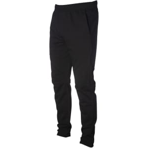 A pair of black pants with an elastic waistband and a tapered fit, featuring side pockets and a logo.