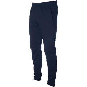 A navy blue pair of sweatpants with a fitted design and elastic waistband, featuring side pockets.