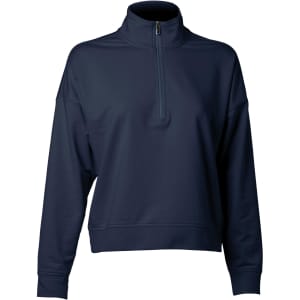 A navy quarter zip pullover for women, featuring a high collar and relaxed fit. Includes a logo on the garment.