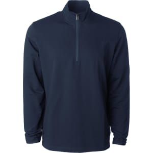 A navy quarter-zip pullover with a high collar and long sleeves. The garment features a small zip at the neck and has a logo.