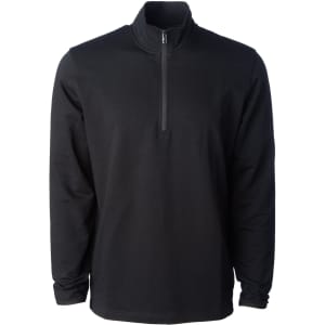 A black quarter zip pullover featuring long sleeves and a front zip. It has a branding logo on it.