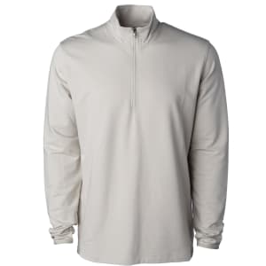 A light grey quarter zip long-sleeve top featuring a zippered collar and a plain design.