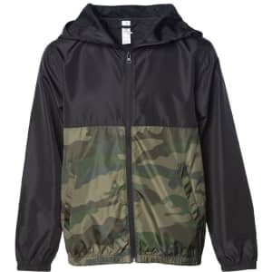 A lightweight windbreaker jacket in black and camouflage green, featuring a hood and zip closure. It has a logo on it.