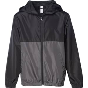 A lightweight windbreaker jacket in black and grey, featuring a hood and zippered front, with an adjustable hem.