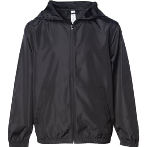 A black lightweight windbreaker jacket with a hood and front zip, featuring an elasticised hem and cuffs.