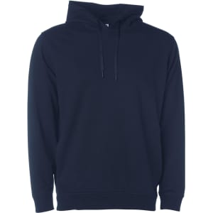 A navy pullover hooded sweatshirt with a drawstring and a logo on the front.