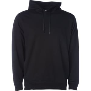 A black pullover hood with a front pocket and drawstring hood. It has a logo on the chest.