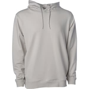 A light grey pullover hooded sweatshirt featuring a front kangaroo pocket and an adjustable drawstring hood.