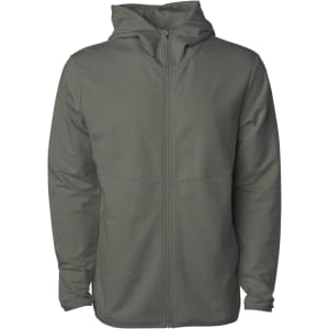 A grey zip-up hooded jacket with a relaxed fit and a front zip closure. Features a logo on the garment.