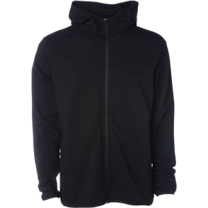 A black zip-up hooded sweatshirt with a front zipper and a hood. It features a logo on the design.