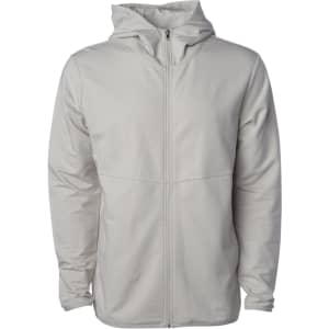 A light grey zip hoodie with a hood and front zip closure. It features a logo on the fabric.